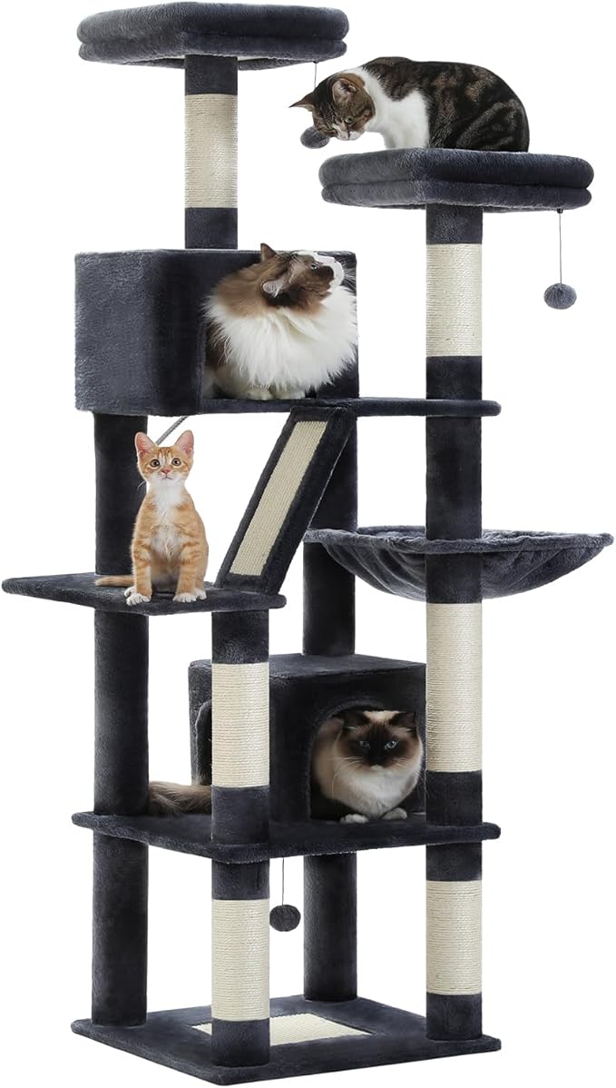 Tall Cat Tree 70.9"- Cat Tower with 6 Scratching Posts, Multi-Level Cat Climbing Tower with 2 Cat Condo, 2 Scratching Boards, 2 Top Beds&Hammock for Indoor Large Medium&Small Cats, Dark Gray