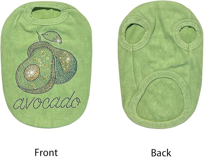 Washed Cotton Pet Vest with Rhinestone Fruit Designs, Soft & Stylish Small Dog Cat Vest for Spring Summer, Breathable & Shiny (Green-Avocado, Large)