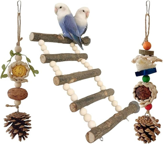 3pcs Bird Climbing Ladder Bridge Chewng Toy Set Bird Cage Toy Funny Parrot Cage Hanging Parrot Cage Bite Toys Parakeet Cage Wooden Parrot Toys Random Color
