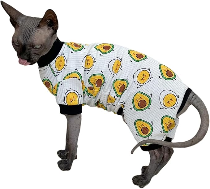 Sphynx Cat Four Leg Cotton Pajamas Elastic Pet Clothes for Hairless Cats Surgery Recovery Suit Cat Undershirt Clothes for Sphynx, Devon, Cornish (Egg & Avocado, XL)