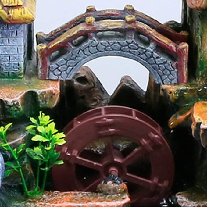 Tabletop Waterfall Fountain with Rockery, Mini Silent Indoor Ornament Desk Water Fountain Desktop Simulation Resin with Atomizer LED Small Fish Tank for Office Bedroom Home Decor Fisherman