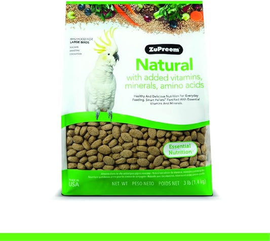 ZuPreem Natural Bird Food, Bird Feed Pellets for Amazons, Cockatoos & Macaws, ZuPreem Core Nutrition, Made in USA, Added Vitamins, Cockatoo Food, Macaw Feed, (Large, 3 lb Bag)