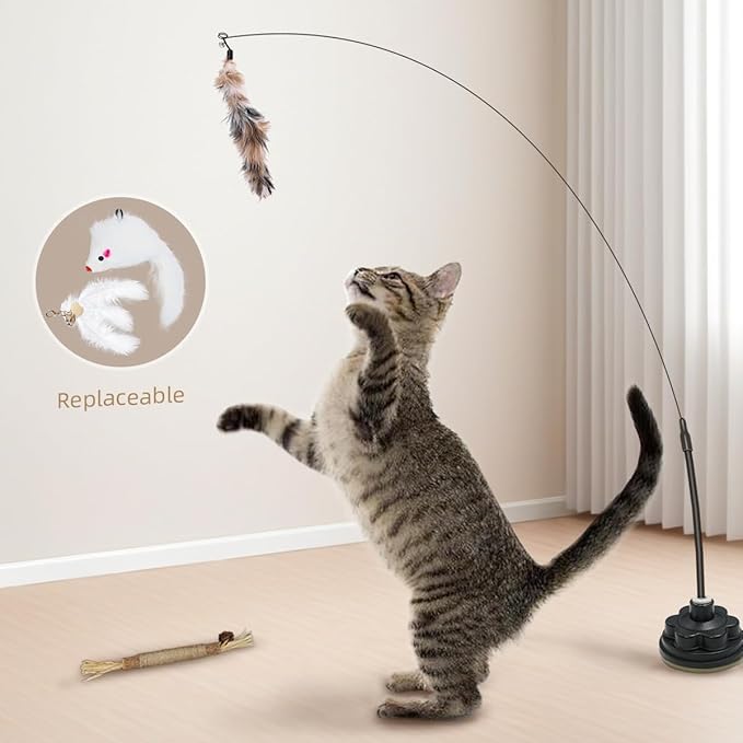 Suction Cup Cat Toys for Indoor Cats,3 in 1 Suction Cup Cat Toy,Interactive Simulation Cat Toy Set Self Play or Handheld,Feathers & Bells,Realistic Toy Mouse and Silvervine Sticks (Pink)
