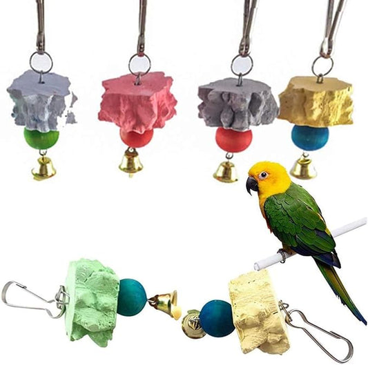 Bird Grinding Beak Calcium Stone with Bell,Rat Mineral Lava Block Trimming Teeth Chewing Toys for Chinchilla Bunny Budgie Cockatiel Parakeet Parrot 6-Pcs(Random Delivery of Color)