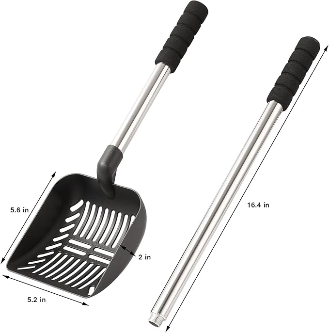 Yangbaga Metal Cat Litter Scoop with Deep Shovel&Long Handle,Detachable Stainless Steel Non-Stick Litter Sifter with Foam Padded Grip, No Bending Back Heavy Duty Cat Litter Scooper