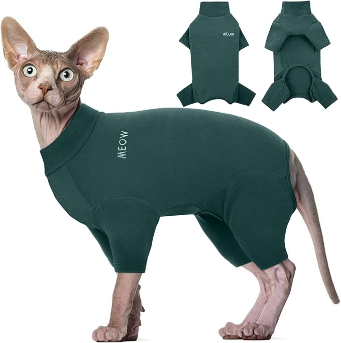 ROZKITCH Hairless Cat Clothes, Breathable Soft Cat Jumpers for Cats Only, Cat Coat with Four Legs, Warm Cat Sweater Cat T-Shirt Cat Pajamas Jumpsuit Vest Cornish Rex Devon Rex Peterbald DarkGreen S
