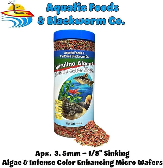 Aquatic Foods Inc. 3.5mm - 1/3" Small Sinking Wafers of Spirulina, Algae & Color Enhancing Wafers for Bottom Fish, Shrimp, Snails, All Fish. 4-Type Wafer & 12-Type Pellet Mix Included..1-lb 6oz