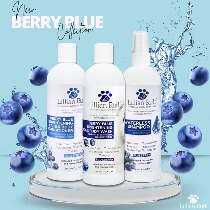 Lillian Ruff PRO Formula Berry Blue Brightening Dog Conditioner - Professional Whitening Conditioner Hydrate Dry Skin, Soften, Detangle, Restore Shine - Provitamin B5, USA Made 16oz