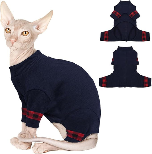 Sphynx Hairless Cats Sweater Shirt Kitten Soft Pullover Cute Cat Pajamas Jumpsuit Cotton Apparel Pet Winter Turtleneck for Cats,DarkBlue L