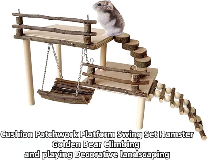 Hamster Climbing Toys DIY Natural Wooden Playing Platform with Swing Apple Wood Hamster Playground with 2 Platform, 5 Steps Ladder and 6 Steps Bridge Small Animal Chewing Toys for Gift