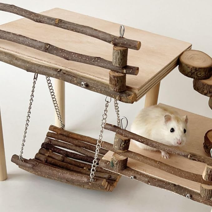 Hamster Climbing Toys DIY Natural Wooden Playing Platform with Swing Apple Wood Hamster Playground with 2 Platform, 5 Steps Ladder and 6 Steps Bridge Small Animal Chewing Toys for Gift