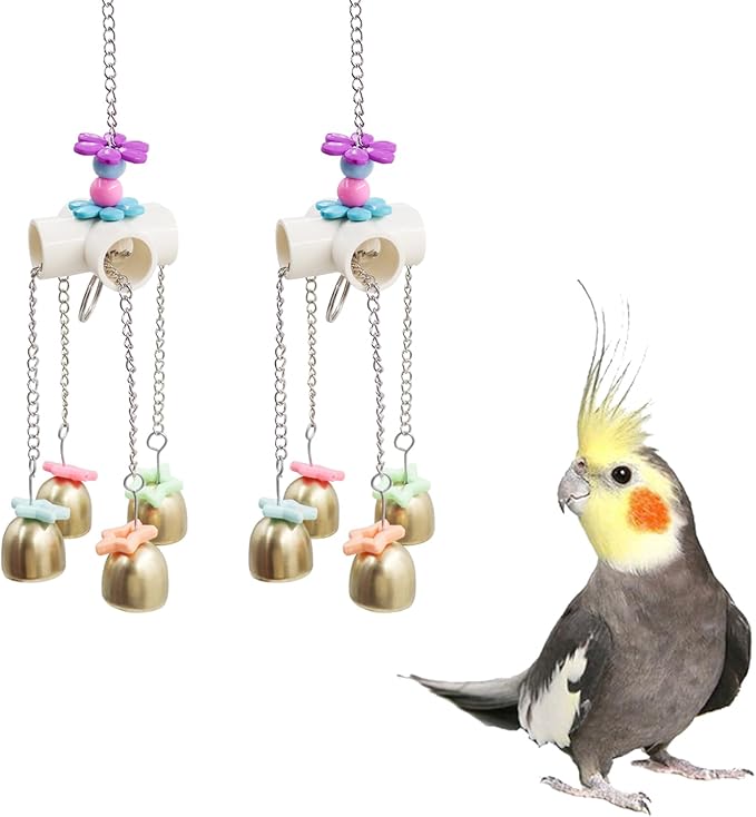 2 Pack Bird Enrichment Toys, Bird Chew Toys with Colorful Decor and Shining Bells, Bird Cage Accessories for Budgies, Cockatiels, Lovebirds, Conures, Quakers, Small to Medium Birds
