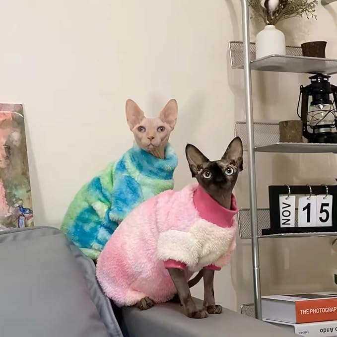 Sphynx Cat Warm Turtleneck Sweater, Thick Soft Double-Sided Fleece Clothes for Cats, Two-Legged Winter Onesie for Cats and Small Dogs,Pjs for Cats and Puppy (Green Tie-dye, XXL (8.5-12.5lbs))