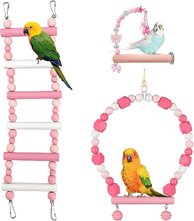 3-Piece Pink Bird Toys Set – Parrot Perch, Swing & Ladder Interactive Cage Accessories for Parakeets, Cockatiels, Conures, Budgies – Ideal for Small to Medium Birds