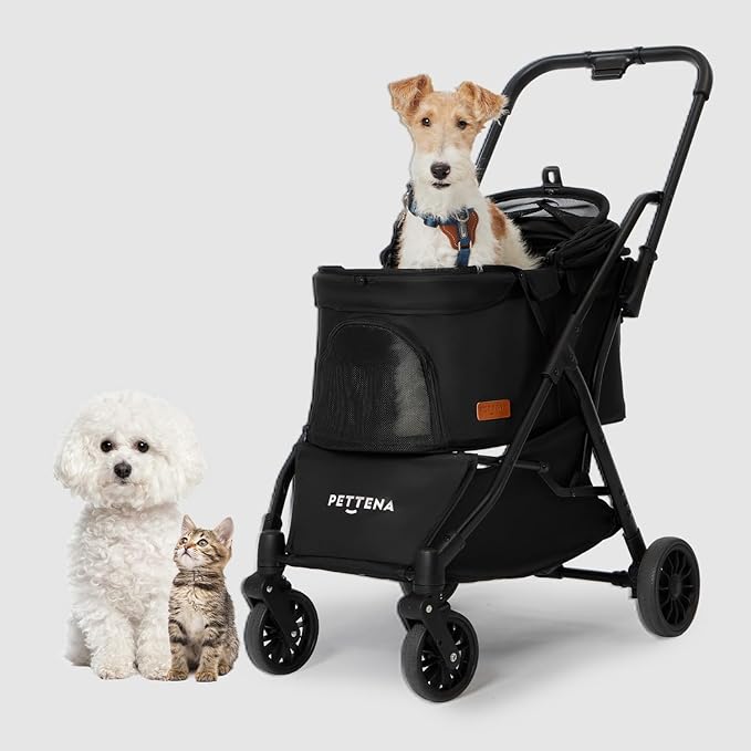 Foldable Pet Stroller,4 Wheels Pet Strolling Cart for Small Dogs Cats up to 44 Lbs, Pet Travel Carrier Strolling Cart with Storage Basket, Portable Dog Cat Stroller with Breathable Mesh, Black
