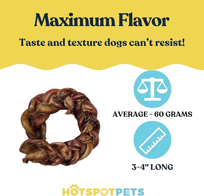 hotspot pets Braided Bully Stick Rings for Dogs - (3 Pack) Premium All Natural Long Twisted Beef Pizzle Dog Chew Treats - Grain Free Fully Digestible Rawhide Alternative Bones