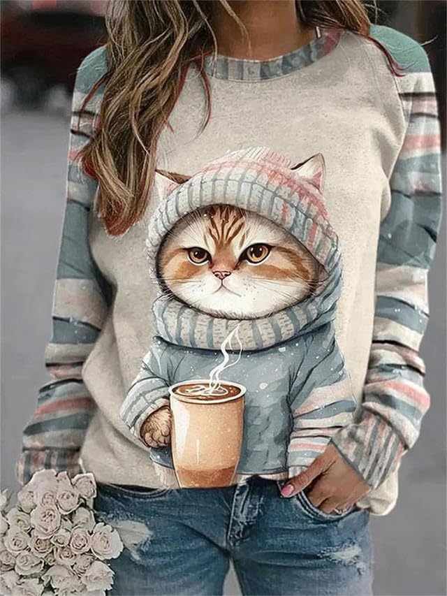 IVERIRMIN Women's 3D Cute Cat Print Sweatshirt Casual Long Sleeve Crewneck Cute Cat Pullover Loose Fit Shirts