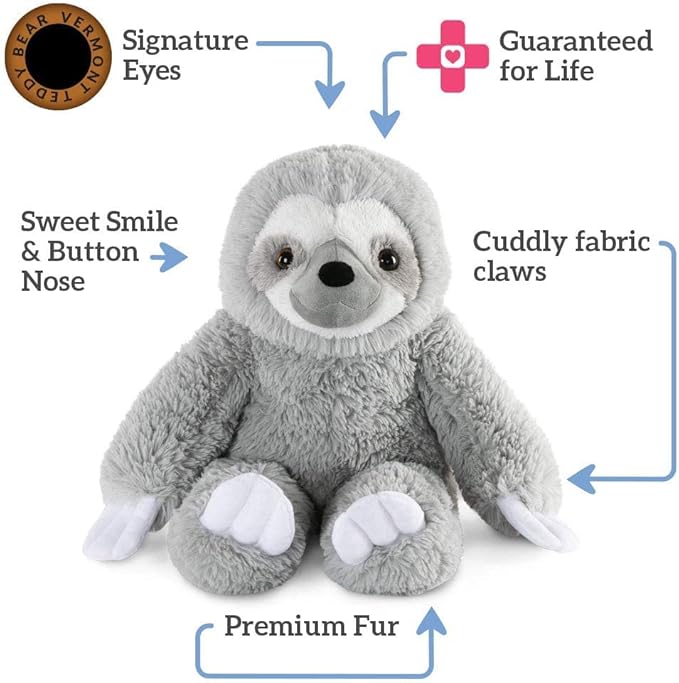 Vermont Teddy Bear Sloth Plush - Oh So Soft Sloth Stuffed Animal, Gray, 18 Inch