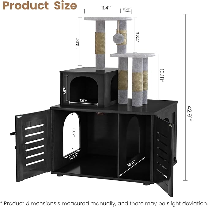 DKLGG Large Wooden Cat Tree House with Hidden Litter Box Enclosure | Multi-Functional Cat Furniture Featuring Sisal Scratching Post, Plush Perch Platform & Divided Condo for Indoor Cats (Black)