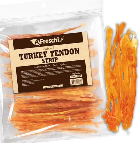 AFreschi Natural Turkey Tendon Strip 10oz, USA-Sourced Turkey Tendon, All Natural Puppy Chew, Hypoallergenic, Rawhide Alternative