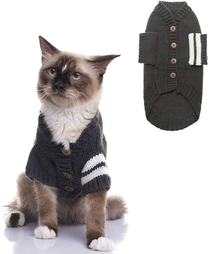 EXPAWLORER Cat Sweater Cardigan - Stylish Knitted Cat Clothes, British Style Soft Puppy Sweater with Sleeve Warm Pet Clothing Knitwear, Fall and Winter Kitten Coat for Girl Boy Cats, Grey Medium