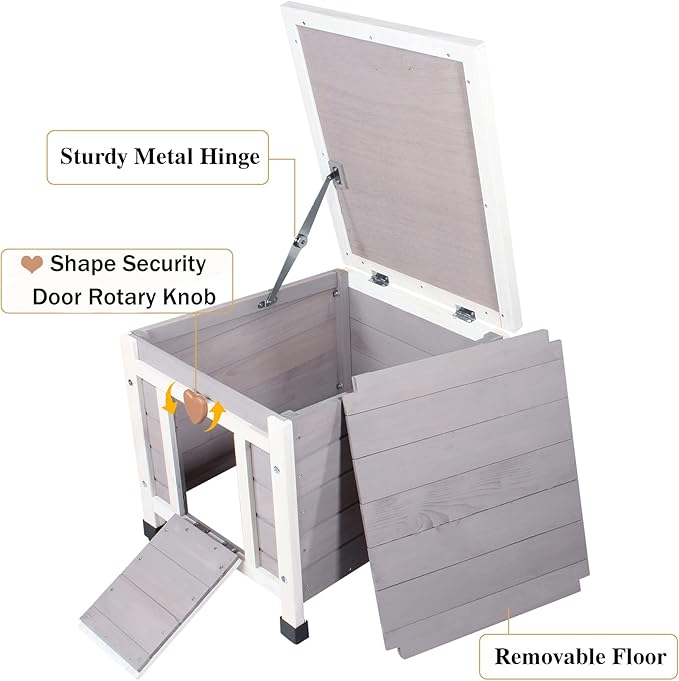 Deblue Weatherproof Cat House for Outdoor Cats, Wooden Small Pet House Outside, Feral Cat Shelter with Elevated Floor and Lockable Door - Grey