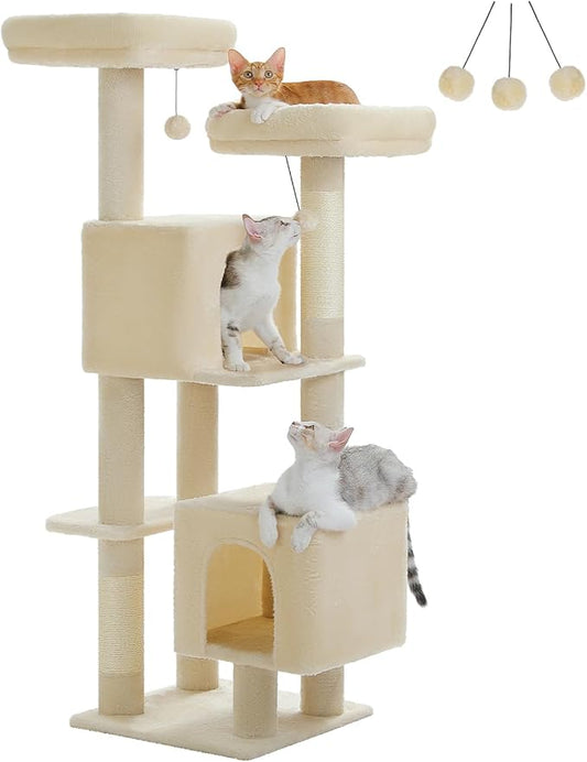 Cat Tree, 52.4" Multilevel Cat Tower for Indoor Cats, Plush Cat Tree House with 2 Padded Perches, 2 Condos & 2 Scratching Posts, Beige