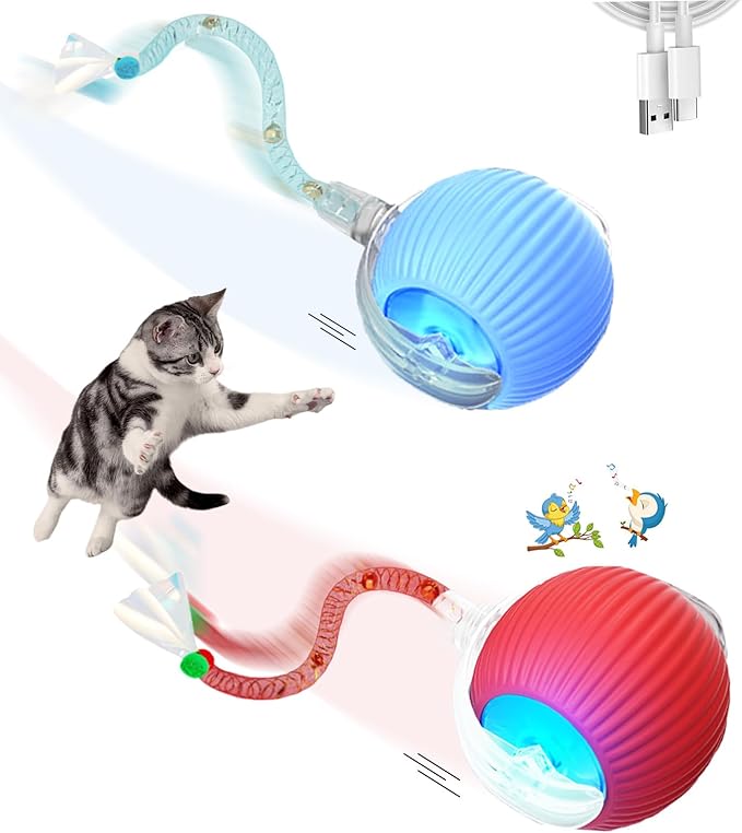 2 Pcs Interactive Cat Toys for Indoor Cats,Kitten Toys with Chirping & Motion Activate,Interactive Cat Toy for Bored Indoor Adult Cats,Red and Blue