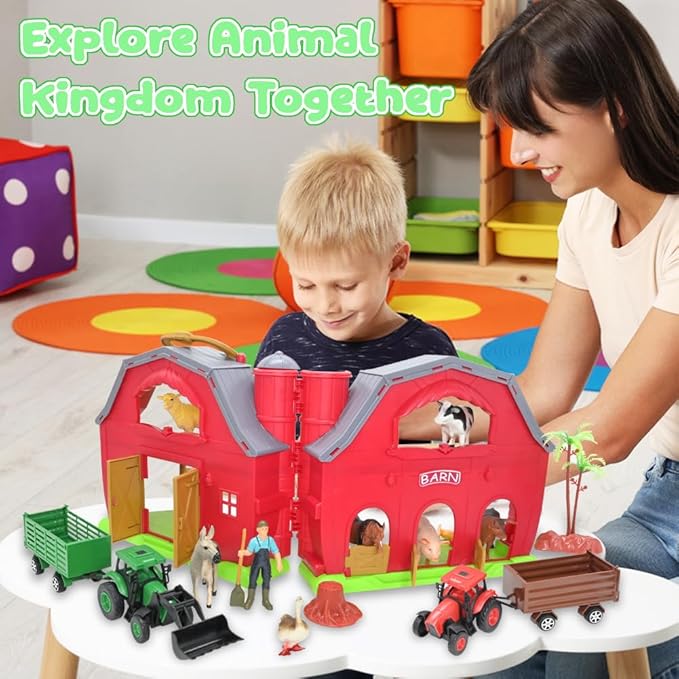 Farm Animals Big Red Barn Toy for 1 2 3 4 5 Years Old Toddlers, Kids Farm Figures Fence Playset with Tractor, Preschool Montessori Learning Toys, Christmas Birthday Easter Gift for Boys Girls