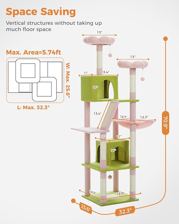 Flower Cat Tree, 70.9" Tall Cat Tree for Indoor Cats, Large Cat Tree for Large Cats, Multi-Level Tall Cat Tower with 6 Scratching Posts, 2 Cat Condos, 2 Perches, Large Hammock, Pompoms, Pink