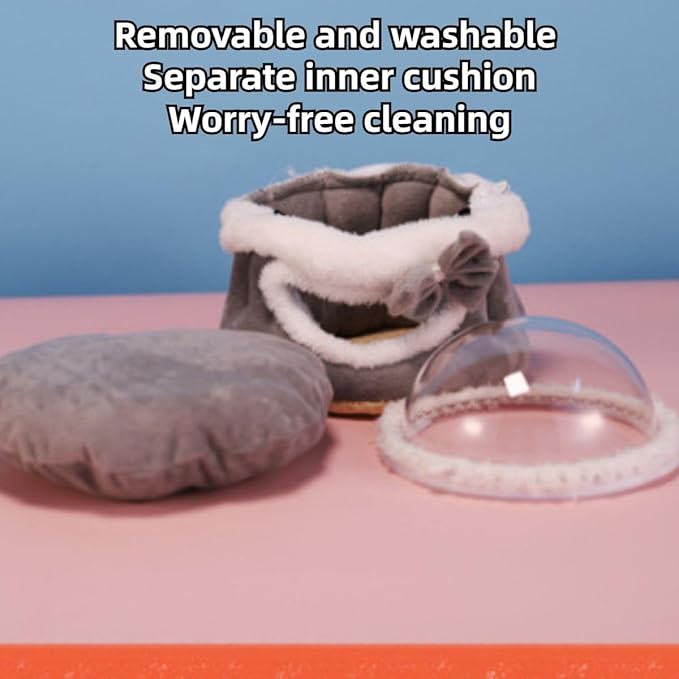 Hamster Nest Pet Warm Hamster Guinea Pig Cave Beds with Transparent Cover Small Pet Winter Bed Guinea Pig Hamster Rabbit Sleeping House Plush Cage Accessories (Grey,Large)