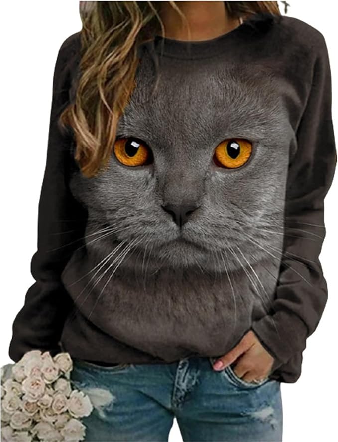 IVERIRMIN Women's 3D Cute Cat Print Sweatshirt Casual Long Sleeve Crewneck Cute Cat Pullover Loose Fit Shirts
