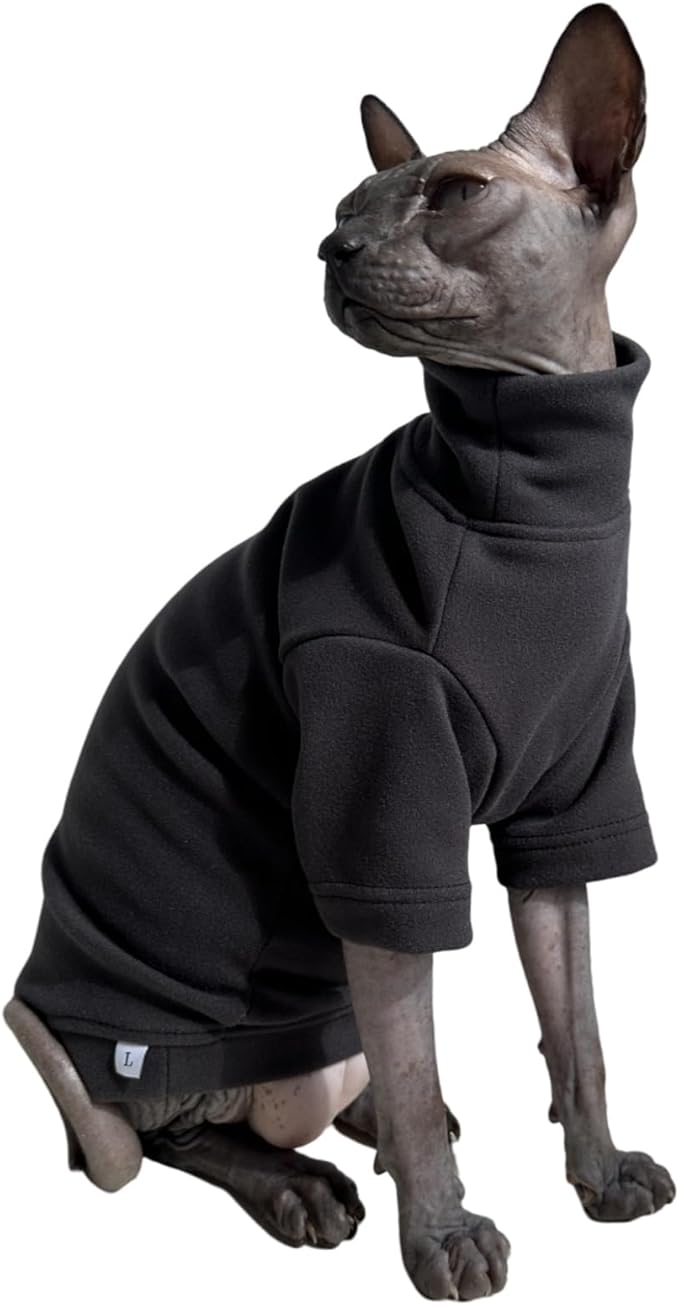 Sphynx Cats Solid Warm Fleece Shirt Cat Turtleneck Undershirt Thermal Hairless Cat Clothes for Sphynx, Devon, Cornish Cat Clothes and Small Kitten and Dogs (Deep Grey, Large)