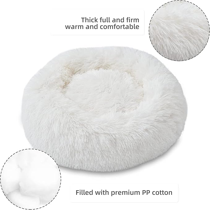 Cat Beds for Indoor Cats - Cat Bed Washable 20/24 inches, Dog Beds for Small Medium Dogs, Anti Anxiety Round Fluffy Plush Faux Fur Cat Bed, Thick Bottom (White, Small)