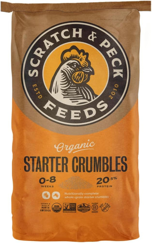 Scratch and Peck Feeds Whole Grain Starter Crumbles Chicken and Duck Feed - 25 lbs Bag - Corn-Free and Soy-Free - 20.5% Protein, Certified Organic and Non-GMO Project Verified Chicken Food
