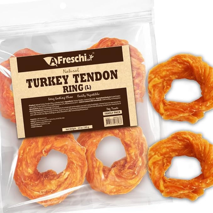 AFreschi Natural Turkey Tendon Ring (L) 10 oz, USA-Sourced Turkey Tendon, All Natural Puppy Chew, Hypoallergenic, Rawhide Alternative,for Large Breeds