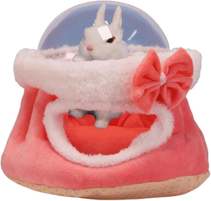 Hamster Nest Pet Warm Hamster Guinea Pig Cave Beds with Transparent Cover Small Pet Winter Bed Guinea Pig Hamster Rabbit Sleeping House Plush Cage Accessories (Pink,Medium)