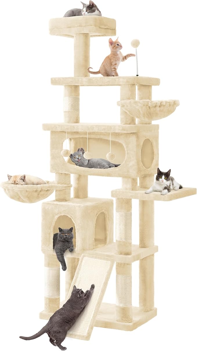 76in Cat Tree for Indoor Large Cats, Tall Cat Tower with Scratching Posts, Cat Tree Tower w/Hanging Balls, Multi-Level Condo Cozy Hammock, House, Large Activity Center, Beige