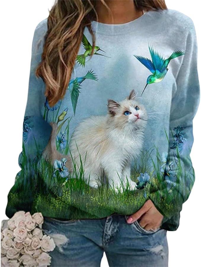 IVERIRMIN Women's 3D Cute Cat Print Sweatshirt Casual Long Sleeve Crewneck Cute Cat Pullover Loose Fit Shirts