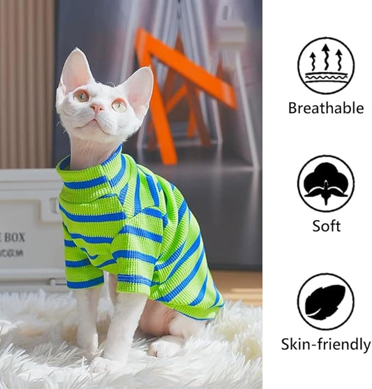Striped Waffle Knit Shirt for Sphynx Cat, 2-Leg Long Sleeve Lightweight Outfit for Hairless Cats, Soft All-Season Pet Clothes (Green, XX-Large (9.5-12 lbs))
