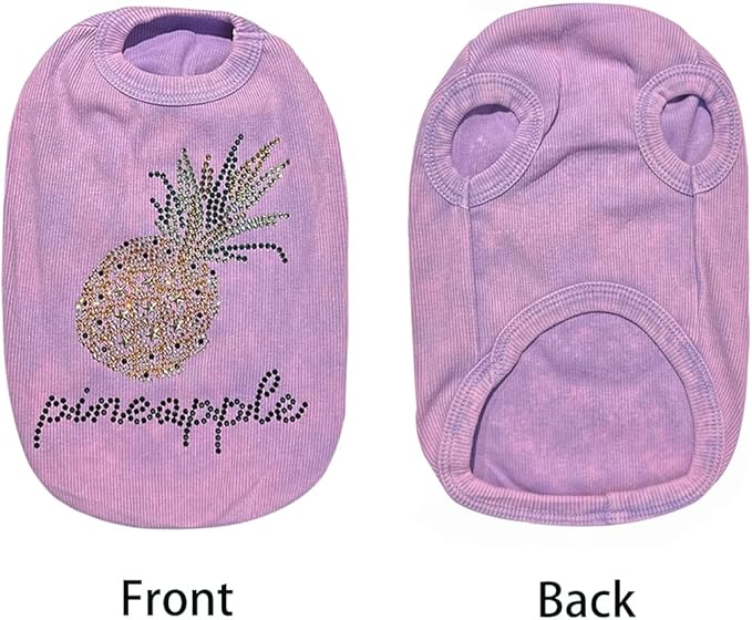 Washed Cotton Pet Vest with Rhinestone Fruit Designs, Soft & Stylish Small Dog Cat Vest for Spring Summer, Breathable & Shiny (Purple-Pineapple, X-Large)