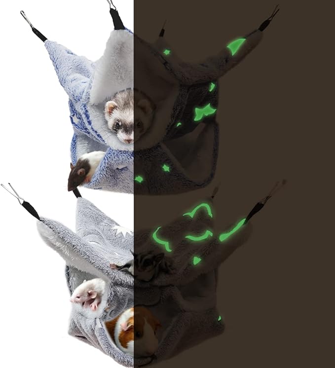 LEFTSTARER Noctilucent Luminous Guinea Pig Rat Hammock Hanging Triple-Layer Hammock Bedding for Ferret Hedgehog Squirrel Hideout Cage Accessories (Cloud & Stars)