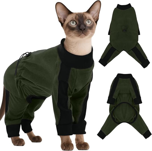DENTRUN Cat Clothes with Anti-Shedding Fabric - Soft Recovery Suit & Breathable Lint-Resistant Cat Sweater for Wound Care & Hair Control, Kitten Onesie Pajamas, M, Army Green