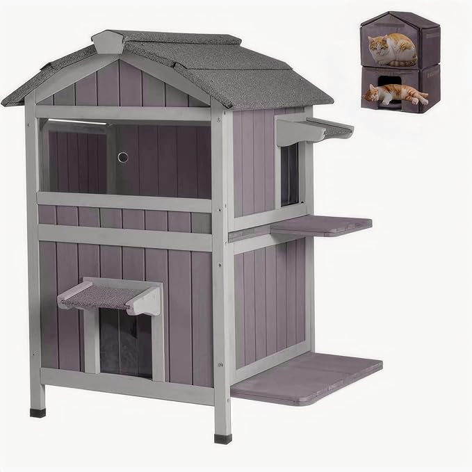 GUTINNEEN Insulated Outdoor Cat House for Winter Feral Cat Shelter Weatherproof 2-Story