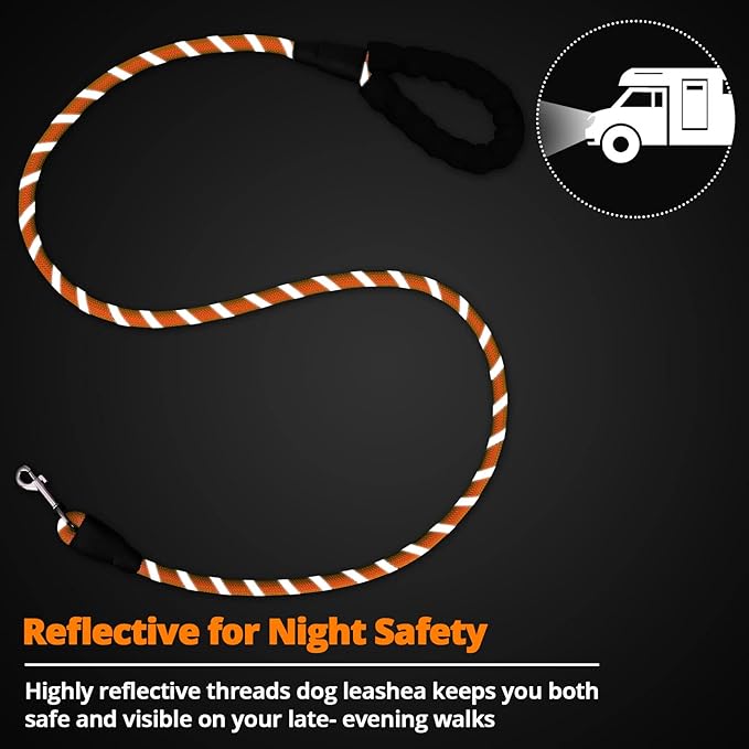 Rope Dog Leash 6 FT: Heavy Duty Leashes with Swivel Lockable Hook Reflective Threads Bungee and Padded Handle - Dog Lead for Large Small Medium Dogs Outside Walking Hiking Orange