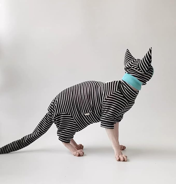 Sphynx Cat Clothes Black Stripe Breathable Shirts Suit, Pet Hat and Shirt Set (Small)