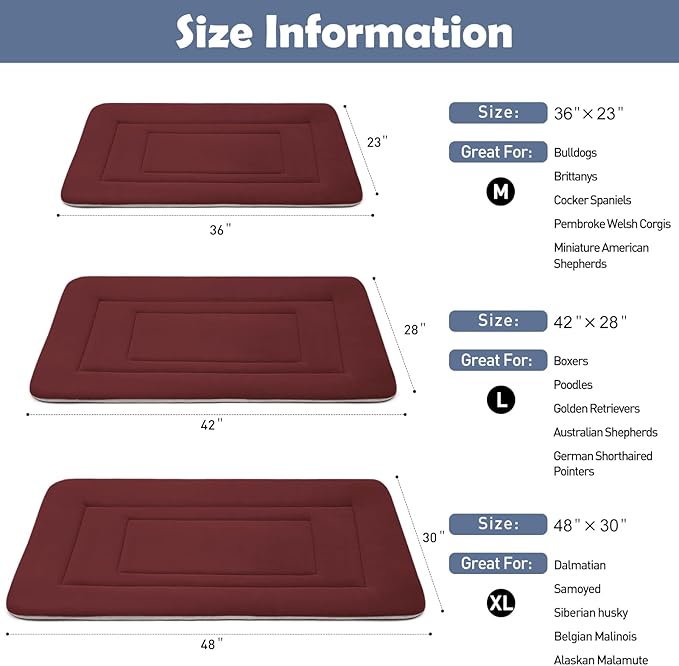 JoicyCo Dog Bed Soft Dog Crate Bed Pad Mat, 42 in Non Slip Bottom Washable Beds for Large Dogs, Pet Bed Mattress Kennel Pad, Dark Red
