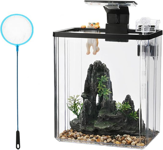 Fish Tank Aquarium, Glass Aquarium Starter Kit for Betta Fish Crystal Clear Viewing Self Cleaning System High-Transparency Glass Decorate Water Plants and Sand