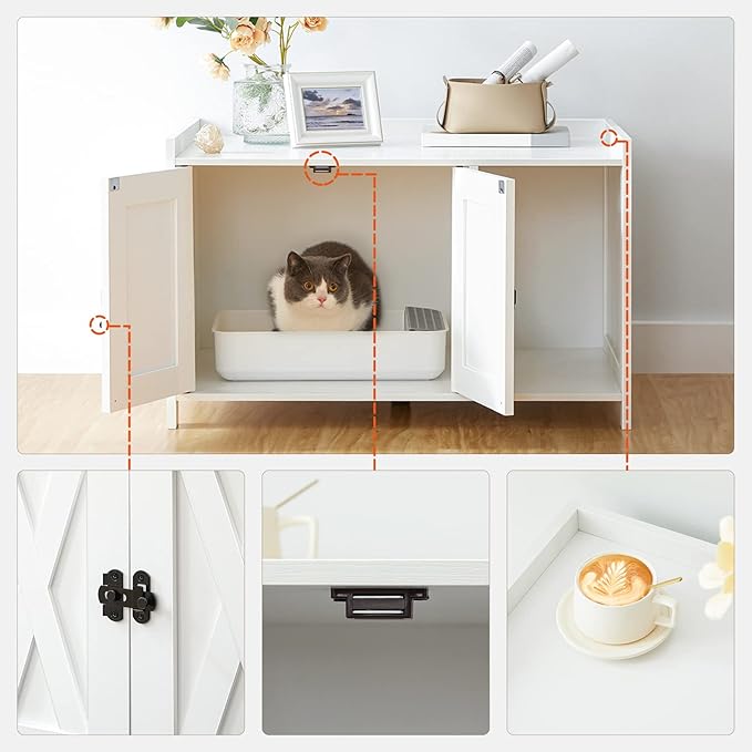 Cat Litter Box Enclosure, Hidden Litter Box Furniture with Divider, Indoor Cat House, Wooden Cat Washroom Storage Cabinet Bench, for Living Room, Bedroom, White CWWT2501