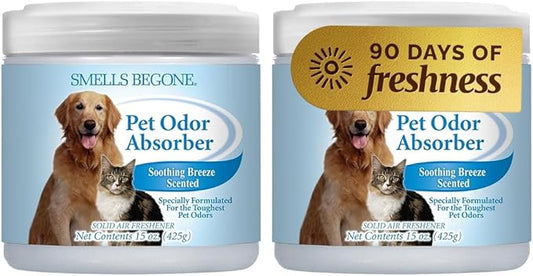 SMELLS BEGONE Air Freshener Pet Odor Absorber Gel - 15 oz, Pack of 2 - Absorbs and Eliminates Odor in Pet Areas, Bathrooms, Cars, & Boats - Made with Essential Oils - Soothing Breeze Scent